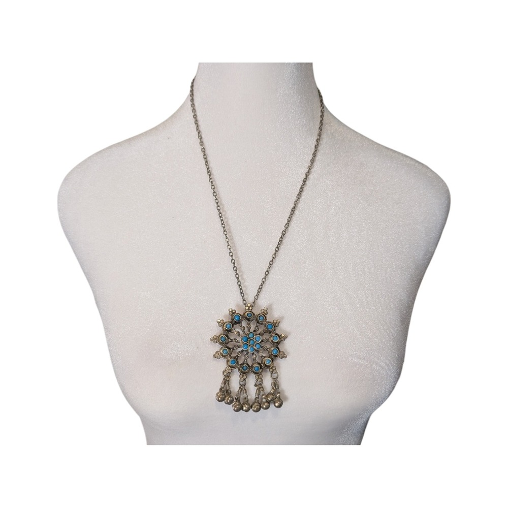 Vintage Silver Tone Turquoise Bead Sunburst Pendant‎ Necklace with Bell Charms